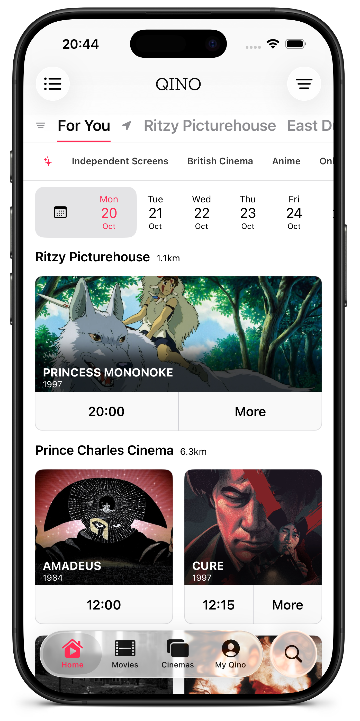 QINO app screenshot showing cinema showtimes