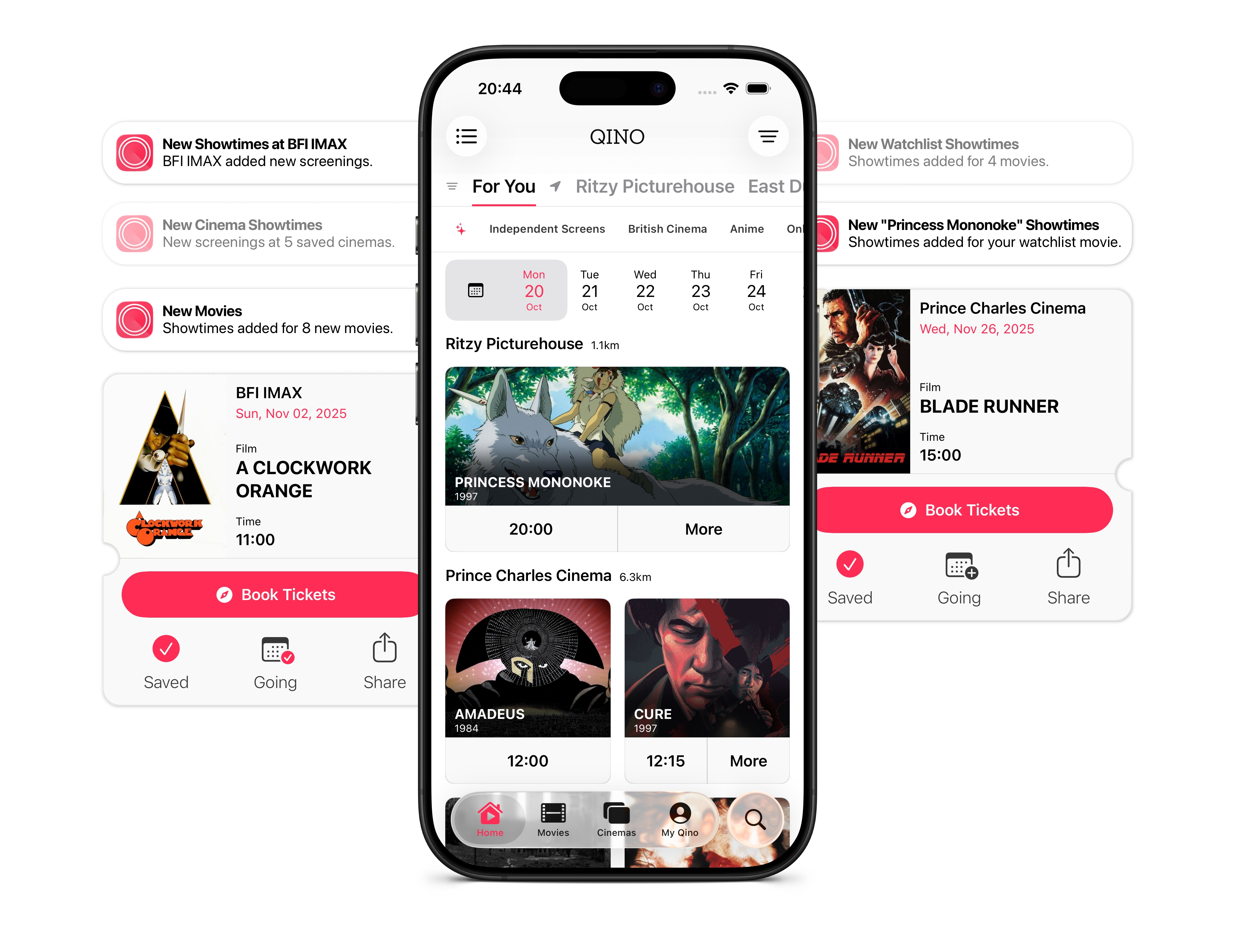 QINO app screenshot showing cinema showtimes